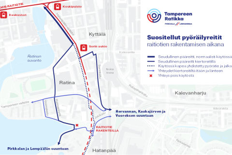 Suositellut pyöräilyn pääreitit Pirkkalan ja Lempäälän suuntaan.