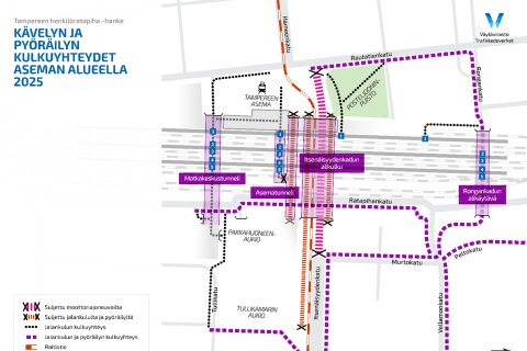 Karttakuva, johon on merkitty kävelijöille ja pyöräilijöille suositellut reitit aseman alueella: Rongankatu ja matkakeskustunneli.