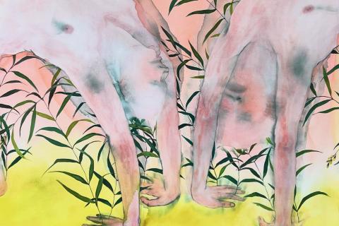 Maalauksessa kaksi alastonta hahmoa ovat silta-asennossa.