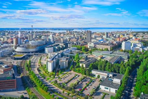 Aerial view of Tampere city center in summer time.