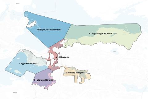 Kansallisen kaupunkipuiston aluejako karttakuvassa.