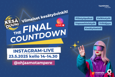 Nuori on violetti-turkoosi-punaisessa tuulipuvuntakissa puolet kasvoista peittävissä värikkäissä aurinkolaseissa. Taustalla on neon-neliöitä. Teksti: Viimeiset kesätyövinkit, the Final Countdown Instagram-live.