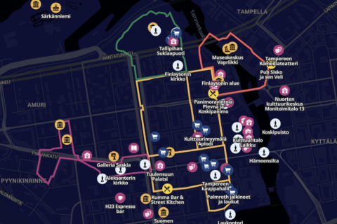Kuvakaappaus Kulttuurikehän digitaalisesta kartasta läntisen keskustan alueelta.