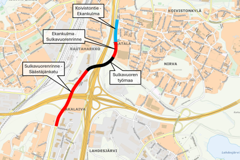 Karttakuva, johon on merkitty alueet, joita Lempääläntien uudet liikennejärjestelyt koskisivat.