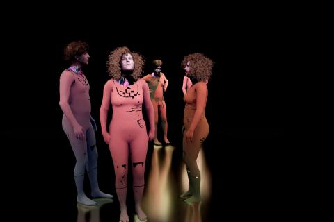 Mustalla taustalla ryhmä tietokoneella luotuja ihmishahmoja. 