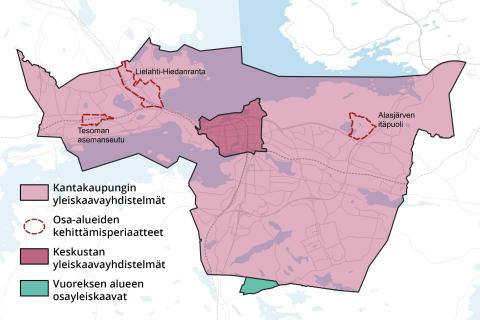 Tampereen kantakaupungissa voimassa olevat yleiskaavat.