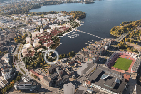 Kuvassa kaupunkia, järven lahden yli korostettu piirtämällä siltaa.