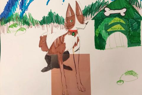 Koira-aiheinen lapsen tekemä tussipiirros.