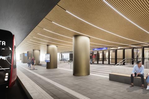 Havainnekuvassa näkyy ratikka uudistuneessa matkaterminaalista Itsenäisyydenkadun alikulussa. 