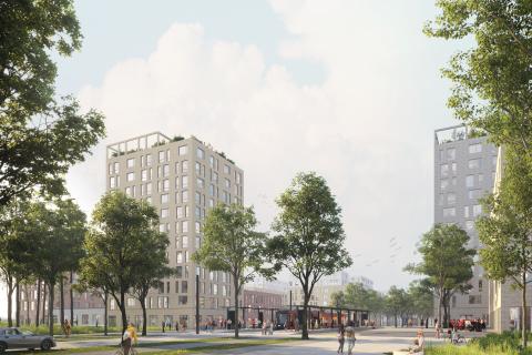 Havainnekuva Kaupinlaakson ratikkapysäkkinäkymästä. 