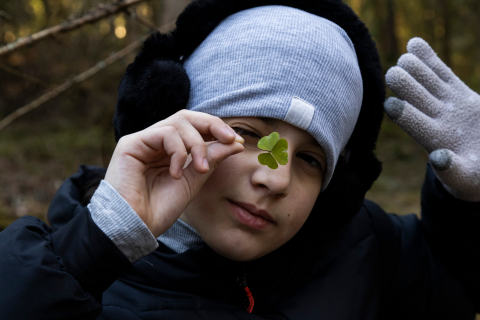 Lapsi katsoo poimittua ketunleivän lehteä erittäin läheltä.