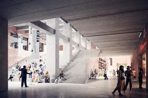 Havainnekuvassa näkyy etualalla kapellimestari ohjaamassa esitystä Hiedanrannan remontoidussa Tehtaassa.