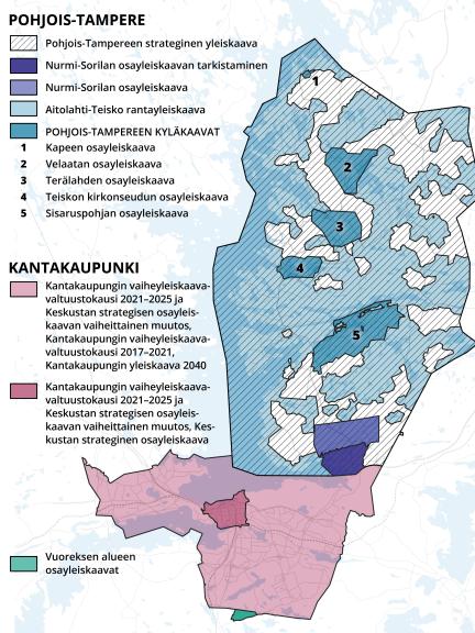 Tampereella on voimassa yhteensä 12 yleiskaavaa. Kantakaupungissa on voimassa neljä yleiskaavaa ja Pohjois-Tampereella kahdeksan osayleiskaavaa.
