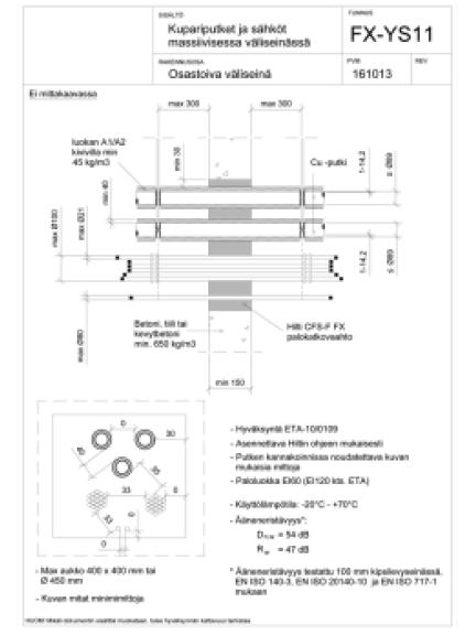 Detaljipiirros läpiviennin palokatkosta. 