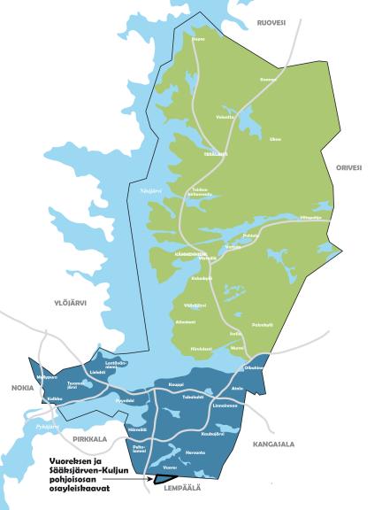 Vuoreksen ja Sääksjärven-Kuljun pohjoisosan osayleiskaavojen sijainnit kartalla Tampereen eteläosassa.