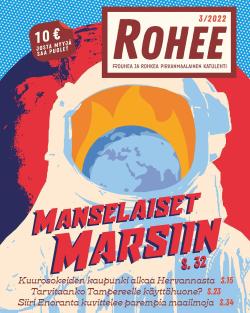 Rohee-lehden kannessa piirretty astronautti, jonka visiiristä heijastuu palava maa.