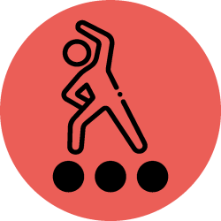 Ikoni, missä ihmishahmo venyttelee sekä kolme tummennettua palloa.