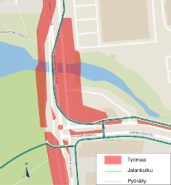 Karttakuvassa kulkureitit sinisellä ja vihreällä, työmaa-alueet punaisella.